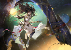 Rule 34 | asymmetrical legwear, bare shoulders, barefoot, blue socks, breasts, brown hair, commentary request, fate/grand order, fate (series), floating, floating hair, glowing, glowing eyes, hair between eyes, heavenly boat maanna, holding, holding weapon, ishtar (fate), kneehighs, light particles, looking at viewer, magic, medium breasts, navel, outstretched arm, parted lips, pink lips, qmo (chalsoma), red eyes, revealing clothes, single kneehigh, single sock, smile, socks, solo, tohsaka rin, two side up, uneven legwear, weapon