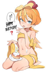 Rule 34 | 1girl, ?, bare legs, bare shoulders, barefoot, blue eyes, blush, bow, chicken girl (toku), collarbone, colored eyelashes, commentary request, food, food on face, food on hand, full body, groin, hair between eyes, hair bow, hairband, happy birthday, long hair, looking at viewer, low ponytail, naked ribbon, navel, orange hair, original, ponytail, ribbon, seiza, simple background, sitting, solo, ter (otokoter), tongue, tongue out, translation request, very long hair, white background, yellow bow, yellow hairband, yellow ribbon