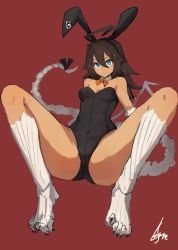 Rule 34 | 1girl, ahoge, animal ears, artist name, blue eyes, blush, bone, breasts, brown hair, claws, closed mouth, colho (lansane), fake animal ears, hair between eyes, hairband, highres, huge ahoge, invisible chair, lansane, leotard, looking at viewer, medium breasts, original, playboy bunny, rabbit ears, red background, ribbon, signature, simple background, sitting, solo, spread legs, tail, tail ornament, tail ribbon