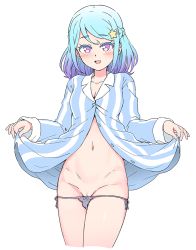 Rule 34 | 1girl, aikatsu! (series), aikatsu friends!, blue hair, blue pajamas, braid, breasts, cleavage, cleft of venus, cropped legs, french braid, gradient hair, hair ornament, long sleeves, looking at viewer, medium breasts, minato mio, multicolored hair, navel, open mouth, pajamas, pajamas lift, panties, panty pull, purple eyes, purple hair, pussy, short hair, side-tie panties, simple background, smile, solo, star (symbol), star hair ornament, stomach, striped clothes, striped pajamas, underwear, vertical stripes, white background, wing hair ornament, yoban