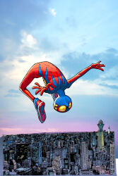 Rule 34 | 1boy, absurdres, artist request, bailey briggs, blue mask, building, child, cityscape, cloud, cloudy sky, comic cover, commentary, edgar delgado, english commentary, highres, humberto ramos, male focus, marvel, new york city, official art, second-party source, sky, skyscraper, solo, spider-boy (spider-man), spider-man (series), spider-verse, spider-verse (comics), two-tone bodysuit, western comics (style)