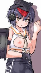 Rule 34 | 10s, 1girl, 2girls, bare shoulders, black gloves, black hair, breastless clothes, breasts, brown eyes, clothes pull, gloves, hat, headphones, i-13 (kancolle), kantai collection, medium breasts, multiple girls, necktie, nipples, off shoulder, one-piece swimsuit pull, open mouth, rigging, short hair, solo, tsuzuri (tuzuri), wet