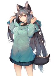 Rule 34 | 1girl, alternate costume, animal ears, aqua jacket, black hair, black skirt, breasts, casual, collarbone, commentary request, contemporary, cowboy shot, hair between eyes, hands up, highres, hood, hooded jacket, imaizumi kagerou, jacket, long hair, long sleeves, looking at viewer, medium breasts, miniskirt, onion (onion and pi-natto), pleated skirt, red eyes, simple background, skirt, smile, solo, standing, tail, thighs, touhou, very long hair, white background, wolf ears, wolf tail