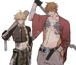 Rule 34 | 2boys, abs, absurdres, aether (genshin impact), ahoge, alternate costume, arm tattoo, artist name, bandages, baseball bat, black gloves, blonde hair, blue eyes, boxers, camouflage, camouflage pants, chest tattoo, closed mouth, cropped jacket, earrings, fingerless gloves, genshin impact, gloves, ha ze, hair between eyes, hand in pocket, highres, holding, jacket, jewelry, long hair, long sleeves, male focus, male underwear, multiple boys, neck tattoo, open clothes, pants, pectorals, piercing, pubic tattoo, simple background, single earring, tartaglia (genshin impact), tattoo, tongue, tongue out, tongue piercing, underwear, vision (genshin impact), white background, wide sleeves, yellow eyes