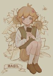 Rule 34 | 1boy, basil (faraway) (omori), basil (omori), blonde hair, blue eyes, blush, brown footwear, brown shorts, camera, character name, collared shirt, flower, green sweater vest, hair flower, hair ornament, highres, loafers, long sleeves, looking at viewer, omori, open mouth, plant, potted plant, shirt, shoes, short hair, shorts, sitting, smile, socks, solo, sunflower, sweater vest, tate ware anal, white shirt, white socks