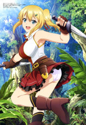 Rule 34 | 1girl, :d, absurdres, armpit peek, ass, belt, belt buckle, black socks, blonde hair, blue eyes, boots, breasts, brown footwear, buckle, character request, clothes lift, dagger, dual wielding, emma brightness, forest, frilled skirt, frills, gem, hair ornament, hair ribbon, high heels, highres, holding, holding weapon, holster, knife, large breasts, leaf, megami magazine, nature, official art, open mouth, ore dake haireru kakushi dungeon, outdoors, panties, ponytail, red skirt, ribbon, scan, shirt, side ponytail, skirt, skirt lift, sleeveless, sleeveless shirt, smile, socks, solo, thighs, tree, twintails, underwear, weapon, white panties, white shirt
