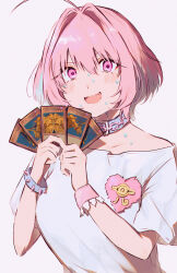 Rule 34 | 1girl, absurdres, ahoge, blue collar, blue hair, bracelet, card, collar, exodia the forbidden one, fang, hair between eyes, hair intakes, hamachamu, hands up, highres, holding, holding card, idolmaster, idolmaster cinderella girls, jewelry, looking at viewer, multicolored hair, nervous sweating, open mouth, pink eyes, pink hair, shirt, simple background, smile, solo, spiked bracelet, spikes, sweat, two-tone hair, upper body, wavy mouth, yu-gi-oh!, yu-gi-oh! duel monsters, yumemi riamu