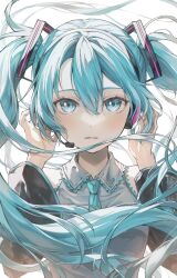 Rule 34 | 1girl, absurdres, adjusting headphones, aqua eyes, aqua hair, aqua necktie, bare shoulders, collared shirt, commentary request, detached sleeves, floating hair, grey shirt, hair between eyes, hands up, hatsune miku, headphones, headset, highres, light particles, long hair, long sleeves, looking at viewer, necktie, nobusawa osamu, parted lips, shirt, simple background, sleeveless, sleeveless shirt, solo, twintails, upper body, very long hair, vocaloid, white background, wide sleeves
