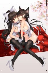 Rule 34 | 2girls, animal ears, atago (azur lane), azur lane, bad id, bad pixiv id, bare shoulders, black legwear, blurry, bow, breasts, brown hair, character name, cheek-to-cheek, closed mouth, commentary request, covered erect nipples, depth of field, female focus, gloves, hair bow, hair ribbon, heads together, high heels, high ponytail, highres, large breasts, leotard, long hair, multiple girls, petals, ponytail, pumps, ribbon, sideboob, sitting, skindentation, smile, stiletto heels, takao (azur lane), thighhighs, tsukigami runa, very long hair, white bow, white footwear, white gloves, white leotard, white ribbon