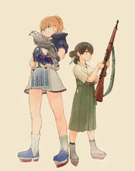 Rule 34 | 2girls, accessories switch, bird, bird request, blonde hair, blue eyes, blush, bolt action, breasts, brown hair, closed mouth, flight deck, folded ponytail, full body, green hakama, gun, hakama, hakama skirt, hand on own hip, hawk, highres, holding, holding gun, holding weapon, intrepid (kancolle), japanese clothes, kantai collection, kasuga maru (kancolle), m1903 springfield, multiple girls, neck pillow, nogiguchi kohiro, ponytail, rifle, shirt, short sleeves, simple background, skirt, smile, standing, taiyou (kancolle), weapon, yellow background
