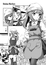 Rule 34 | 10s, 4girls, ahoge, apron, asymmetrical legwear, bag, bandana, book, buttons, closed mouth, collared shirt, comic, commentary, cookbook, counter, cupboard, drawer, dress, dress shirt, egg, floral background, flower, greyscale, hair between eyes, hair flaps, hair ornament, hair ribbon, hairclip, highres, indoors, kantai collection, kasumi (kancolle), kitchen, kneehighs, ladle, long hair, long sleeves, looking at another, monochrome, multiple girls, musical note, name tag, open book, outside border, peeking, pinafore dress, pot, quaver, reading, remodel (kantai collection), ribbon, sheita, shigure (kancolle), ship, shirt, side ponytail, single kneehigh, single sock, single thighhigh, sleeveless, sleeveless dress, smile, socks, solid oval eyes, standing, suspenders, thighhighs, tying, uneven legwear, walking, watercraft, white shirt, yamakaze (kancolle), yuudachi (kancolle), zettai ryouiki