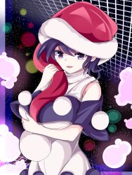 Rule 34 | 1girl, :3, :d, adda, bare arms, bare shoulders, between breasts, breast hold, breasts, doremy sweet, dress, glowing, hat, highres, large breasts, light particles, looking at viewer, nightcap, open mouth, pom pom (clothes), purple eyes, purple hair, red hat, short hair, smile, solo, touhou, turtleneck, upper body