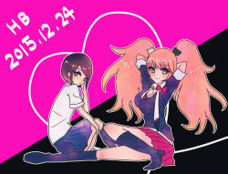 Rule 34 | 2girls, arms behind head, arms up, ass, bear hair ornament, black background, black footwear, black hair, black neckwear, black shirt, black skirt, blonde hair, blue eyes, blue shirt, blue skirt, blush, boots, breasts, cleavage, closed mouth, crossed legs, danganronpa: trigger happy havoc, danganronpa (series), dated, ears, enoshima junko, eyebrows, female focus, freckles, full body, gradient clothes, gradient shirt, green eyes, hair ornament, heart, high heel boots, high heels, ikusaba mukuro, knees up, looking at viewer, multicolored clothes, multicolored neckwear, multicolored shirt, multicolored skirt, multiple girls, necktie, pink background, pleated skirt, purple shirt, purple skirt, red skirt, shirt, siblings, simple background, sisters, sitting, skirt, smile, twins, white neckwear, white shirt
