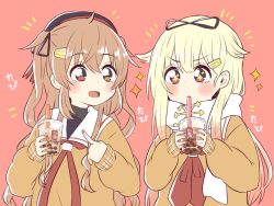 Rule 34 | 2girls, black ribbon, blonde hair, brown eyes, bubble tea, commentary request, cup, disposable cup, drinking straw, gloves, hair flaps, hair ornament, hair ribbon, hairclip, heterochromia, kantai collection, light brown hair, long hair, multiple girls, murasame (kancolle), neckerchief, orange sweater, red background, red eyes, red neckerchief, ren kun, ribbon, scarf, school uniform, serafuku, simple background, sparkle, sweater, two side up, upper body, white gloves, white scarf, yuudachi (kancolle)