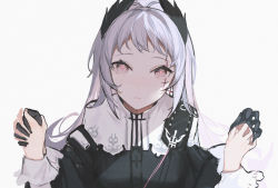 Rule 34 | 1girl, arknights, black dress, chinese commentary, commentary, dress, fanshu, grey background, grey eyes, head wings, highres, irene (arknights), long hair, pov, scar, scar across eye, simple background, solo focus, upper body, white hair, wings