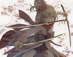 Rule 34 | 1girl, blonde hair, bow, breasts, commentary, djeeta (granblue fantasy), english commentary, flower, granblue fantasy, hair flower, hair ornament, highres, hikari niji, holding, holding sword, holding weapon, japanese clothes, katana, kengo (granblue fantasy), kimono, long sleeves, looking at viewer, medium breasts, mouth hold, obi, pink flower, pink kimono, purple bow, red scarf, sarashi, sash, scarf, short hair, solo, standing, sword, triple wielding, twitter username, weapon, wide sleeves, yellow eyes