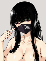 Rule 34 | 1girl, black hair, breasts, cocq taichou, collarbone, commentary request, fingernails, grey background, large breasts, long hair, looking at viewer, mask, mole, mole on neck, mole under eye, mouth mask, nude, original, out-of-frame censoring, ponytail, red eyes, simple background, solo, thank you, upper body