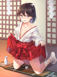 Rule 34 | 1girl, absurdres, alcohol, alternate costume, blush, breasts, cleavage, cup, flight deck, grey eyes, hair between eyes, hair ribbon, hakama, hakama short skirt, hakama skirt, highres, houshou (kancolle), japanese clothes, kantai collection, kimono, lifted by self, long hair, long sleeves, medium breasts, miko, no bra, open mouth, pee, peeing, peeing in cup, ponytail, red skirt, ribbon, skirt, smile, solo, thighs, white kimono, white ribbon, yuemanhuaikong
