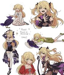 Rule 34 | 1girl, absurdres, alternate costume, ankle bow, ankle ribbon, artist name, bird, blonde hair, blush, bow, bow (weapon), breasts, character name, chuunibyou, collarbone, commentary request, crow, dress, eyepatch, fischl (ein immernachtstraum) (genshin impact), fischl (genshin impact), gem, genshin impact, gloves, green dress, green eyes, hair over one eye, high heels, highres, korean commentary, leg ribbon, long hair, looking at viewer, medium breasts, multiple views, nail polish, nightgown, no gloves, official alternate costume, open mouth, oz (genshin impact), pantyhose, petting, pillosopi, pillow, purple dress, purple gemstone, purple ribbon, purple sleeves, red dress, ribbon, simple background, single glove, single leg pantyhose, single thighhigh, small breasts, smile, socks, teeth, thighhighs, tiara, tongue, two side up, weapon, white nightgown, white pantyhose