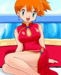 Rule 34 | 1girl, ass, breasts, creatures (company), dress, game freak, looking at viewer, lowres, misty (pokemon), nintendo, pokemoa, pokemon, sitting, solo, tagme
