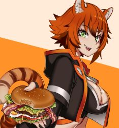Rule 34 | 1girl, animal ears, black jacket, breasts, burger, cleavage, commentary, cropped jacket, english commentary, fingerless gloves, food, gloves, green eyes, hair between eyes, highres, holding, holding food, indie virtual youtuber, jacket, large breasts, leaning forward, looking at viewer, navel, open mouth, orange hair, shimada tiger, short hair, smile, solo, standby, tail, tiger ears, tiger girl, tiger tail, virtual youtuber