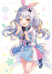 Rule 34 | ;d, animal ears, black bow, black footwear, blonde hair, blue bow, blue dress, bow, buttons, commentary, dress, fake animal ears, foot out of frame, grey hair, hair bow, hand up, highres, holding, holding microphone, iku2727, leg up, long sleeves, looking at viewer, microphone, mochizuki himari, multicolored clothes, multicolored dress, multicolored hair, one eye closed, open mouth, pink dress, pleated skirt, rabbit ears, sailor collar, skirt, smile, streaked hair, uni create, virtual youtuber, white dress, white sailor collar