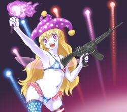 Rule 34 | &#039;murica, absurdres, american flag, american flag bikini, american flag legwear, american flag print, arm up, armpits, bikini, blonde hair, clownpiece, colored skin, fairy wings, fireworks, flag print, gun, hat, highres, holding, holding weapon, jester cap, long hair, navel, pale skin, polka dot, profitshame, purple eyes, rifle, standing, star (symbol), swimsuit, thighhighs, torch, weapon, white skin, wings