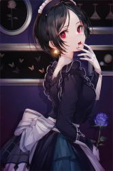 Rule 34 | 1girl, apron, black hair, blood, blood from mouth, blue flower, blue rose, bug, butterfly, copyright request, cup, dress, earrings, finger to mouth, flower, gloves, highres, insect, jewelry, kina (446964), looking at viewer, maid, maid apron, maid headdress, open mouth, red eyes, rose, solo