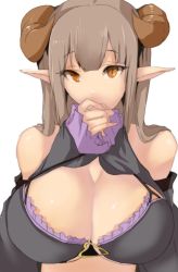 Rule 34 | 1girl, armadillo-tokage, bad id, bad twitter id, bare shoulders, blush, borrowed character, breasts, brown hair, cleavage, covering own mouth, highres, horns, large breasts, long hair, looking at viewer, own hands together, pointy ears, solo, yellow eyes
