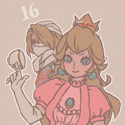 2girls bandages bellhenge blonde_hair blue_eyes crown cup dress earrings gloves hat holding holding_cup jewelry long_hair looking_at_viewer mario_(series) mask multiple_girls nintendo pointy_ears princess_peach red_eyes reverse_trap sheik smile sphere_earrings super_smash_bros. the_legend_of_zelda