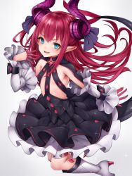 Rule 34 | 1girl, :d, bad id, bad pixiv id, blue eyes, blush, circle skirt, curled horns, detached sleeves, dragon horns, dragon tail, dress, elizabeth bathory (fate), elizabeth bathory (fate/extra ccc), elizabeth bathory (first ascension) (fate), fate/extra, fate/extra ccc, fate (series), finger cots, finger gloves, flat chest, floating hair, frilled dress, frills, gradient background, hair ribbon, hand up, highres, horns, long hair, looking at viewer, open mouth, pink hair, pointy ears, ribbon, sidelocks, simple background, smile, snm (sunimi), solo, sparkle, tail, two side up