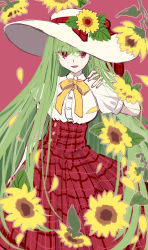 Rule 34 | 1girl, absurdres, alternate costume, arm at side, arm up, breasts, eyes visible through hair, flower, half-closed eyes, hand in own hair, hat, hat flower, hat ribbon, high-waist skirt, highres, kazami yuuka, large breasts, long hair, long skirt, looking at viewer, neck ribbon, open mouth, petals, pink background, plaid, plaid ribbon, plaid skirt, puffy short sleeves, puffy sleeves, red eyes, red ribbon, red skirt, ribbon, shirt, shocho (shaojiujiu), short sleeves, simple background, sketch, skirt, smile, sun hat, sunflower, touhou, very long hair, white hat, white shirt, yellow ribbon