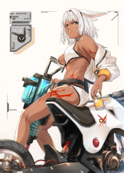 Rule 34 | 1girl, absurdres, animal ears, ass, bare shoulders, beer can, bikini, blue eyes, body markings, breasts, caenis (fate), can, dark-skinned female, dark skin, drink can, fate/grand order, fate (series), hair intakes, highres, jacket, large breasts, legs, long hair, long sleeves, looking at viewer, motor vehicle, motorcycle, off shoulder, ohland, open clothes, open jacket, sitting, smile, solo, swimsuit, tattoo, water gun, white background, white bikini, white jacket