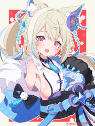 Rule 34 | 1girl, animal ear fluff, animal ears, animal hands, belt, black sash, blonde hair, blue belt, blue hair, blue kimono, breasts, dog ears, dog girl, dog paws, fang, flower, fuwawa abyssgard, fuwawa abyssgard (new year), hair flower, hair ornament, hand on own chest, highres, hinata hirune, hololive, hololive english, japanese clothes, kimono, large breasts, long hair, looking at viewer, multicolored hair, obi, official alternate costume, open mouth, pink eyes, ponytail, sash, skin fang, sleeveless, sleeveless kimono, smile, streaked hair, very long hair, virtual youtuber