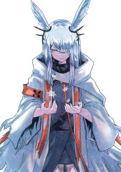 Rule 34 | 1girl, animal ear fluff, animal ears, arknights, black shirt, black skirt, closed mouth, female focus, frostnova (arknights), grey eyes, grey hair, hair over one eye, half-closed eye, hands up, jacket, long sleeves, looking away, looking down, parted lips, rabbit ears, shirt, simple background, skirt, snowflakes, solo, white background, white jacket, wide sleeves, yume (i think.)