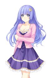Rule 34 | 10s, 1girl, blue hair, breasts, cleavage, date a live, dress, grey eyes, izayoi miku, long hair, medium breasts, purple dress, smile, solo, transparent background, tsunako