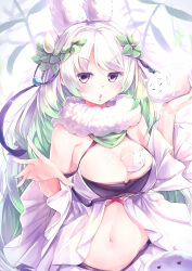 Rule 34 | 1girl, absurdres, animal, animal ears, asymmetrical bangs, bare arms, blush, bra, breasts, cleavage, duel monster, flower, fluffy, green hair, hair flower, hair ornament, highres, holding, holding animal, kanzakietc, large breasts, long hair, long sleeves, looking at viewer, monster girl, multicolored hair, navel, open mouth, parted bangs, plant, purple eyes, raised eyebrows, scarf, solo, swept bangs, traptrix cularia, underwear, white hair, white scarf, wide sleeves, yu-gi-oh!