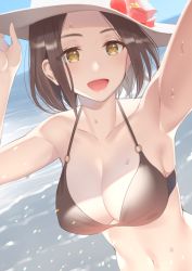 Rule 34 | 1girl, :d, armpits, arms up, beach, bikini, black bikini, blush, breasts, brown eyes, brown hair, cleavage, collarbone, commentary request, day, dutch angle, forehead, hand on headwear, hat, highres, kitazawa (embers), large breasts, looking at viewer, navel, ocean, open mouth, original, outdoors, revision, short hair, smile, solo, sun hat, sweat, swimsuit, upper body, water, white hat, yellow eyes