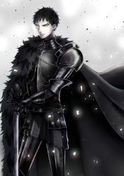 Rule 34 | 1boy, absurdres, armor, baraou no souretsu, black armor, black cape, cape, fur trim, gauntlets, henry stafford (baraou), highres, holding, holding sword, holding weapon, looking at viewer, male focus, monocle, own hands together, rum 94, short hair, solo, standing, sword, weapon, yellow eyes