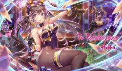 Rule 34 | 2girls, adapted costume, alternate costume, animal ears, bare shoulders, between breasts, black hair, blonde hair, bow, bowtie, breasts, brown hair, card, card between breasts, cup, detached collar, duel monster, english text, fake animal ears, feet out of frame, gloves, green eyes, highres, holding, holding card, holding cup, i:p masquerena, leotard, long hair, multicolored hair, multiple girls, open mouth, pantyhose, playboy bunny, poker chip, poker table, ponytail, purple eyes, rabbit ears, s-force rappa chiyomaru, sitting, sitting on table, slot machine, table, thigh strap, two-tone hair, wan89, wrist cuffs, yu-gi-oh!