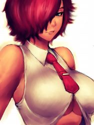 Rule 34 | 1girl, blue eyes, breasts, cleavage, fumio (rsqkr), hair over one eye, large breasts, light smile, lips, necktie, red hair, short hair, snk, solo, the king of fighters, underboob, upper body, vanessa (kof)