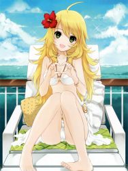 Rule 34 | 1girl, :d, absurdres, ahoge, barefoot, bikini, blonde hair, blush, bracelet, breasts, cameltoe, chair, cleavage, cloud, day, feet, flower, green eyes, hair flower, hair ornament, halterneck, halterneck, heart, heart hands, hibiscus, highres, hoshii miki, idolmaster, idolmaster (classic), jewelry, juna, long hair, lounge chair, o-ring, o-ring top, ocean, open mouth, sarong, scan, sitting, sky, small breasts, smile, solo, sparkle, swimsuit, water