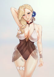 Rule 34 | 1girl, absurdres, arm behind head, arm up, armpits, artist name, azur lane, blonde hair, blue eyes, breasts, casual one-piece swimsuit, center opening, choker, cleavage, covered navel, flower, hair flower, hair ornament, hair over shoulder, highres, hood (azur lane), hood (lady of the shining sun) (azur lane), jewelry, large breasts, layered swimsuit, long hair, low ponytail, necklace, official alternate costume, one-piece swimsuit, open mouth, parted lips, swimsuit, thigh strap, two-tone swimsuit