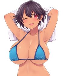Rule 34 | 1girl, amane hasuhito, armpits, arms behind head, bikini, black hair, blue bikini, breasts, collarbone, commentary request, holding, holding towel, large breasts, one eye closed, open mouth, original, red eyes, short hair, simple background, solo, swimsuit, tan, towel, upper body, white background