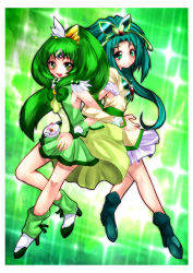 Rule 34 | 00s, 10s, 2girls, akimoto komachi, boots, butterfly hair ornament, choker, color connection, creator connection, cure march, cure mint, dress, green background, green eyes, green hair, green theme, hair ornament, jewelry, long hair, magical girl, midorikawa nao, multiple girls, open mouth, ponytail, precure, skirt, smile, smile precure!, tiara, twintails, yes! precure 5, yutori (inu-hito)