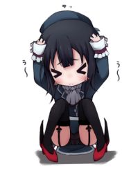 Rule 34 | &gt; &lt;, 10s, 1girl, :&lt;, black hair, black thighhighs, blush, charisma guard, closed eyes, cowering, full body, hair ornament, hat, itituki, kantai collection, long sleeves, lowres, panties, pantyshot, pleated skirt, short hair, skirt, solo, squatting, takao (kancolle), thighhighs, underwear, upskirt, white background, zettai ryouiki