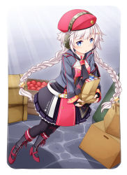 Rule 34 | 1girl, apple, bag, belt, beret, blue eyes, boots, braid, check commentary, commentary request, crate, cross-laced footwear, fingerless gloves, food, fruit, girls&#039; frontline, gloves, hair ornament, hairclip, hammer and sickle, hammer and sickle print, harada (sansei rain), hat, headset, holding, holding bag, lace-up boots, long hair, looking at viewer, necktie, open mouth, ots-12 (girls&#039; frontline), pantyhose, russian text, solo, star-shaped pupils, star (symbol), star hair ornament, symbol-shaped pupils, twin braids, very long hair