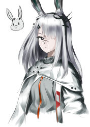 Rule 34 | 1girl, animal ear fluff, animal ears, arknights, black eyes, coat, commentary request, cropped torso, dress, frostnova (arknights), grey coat, grey dress, hair ornament, hair over one eye, hairclip, highres, korean commentary, long hair, rabbit ears, rankketer, scar, scar on face, scar on nose, silver hair, simple background, solo, upper body, white background