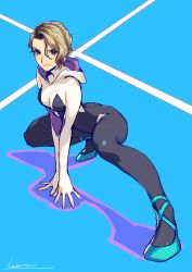 Rule 34 | 1girl, all fours, animification, aqua footwear, arched back, asymmetrical hair, ballet slippers, blue background, blue eyes, bodysuit, breasts, brown hair, freckles, full body, gwen stacy, highres, hood, hood down, hooded bodysuit, kotatsu (g-rough), looking at viewer, marvel, medium breasts, no mask, short hair, sidecut, skin tight, smile, solo, spider-gwen, spider-man: into the spider-verse, spider-man (series), spider-verse, spider web print, squatting, superhero costume, undercut