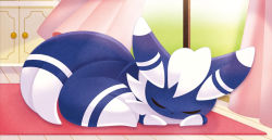 Rule 34 | 0313, closed eyes, creature, creatures (company), curtains, full body, game freak, gen 6 pokemon, indoors, meowstic, meowstic (male), nintendo, no humans, official art, pokemon, pokemon (creature), pokemon tcg, sleeping, solo, third-party source
